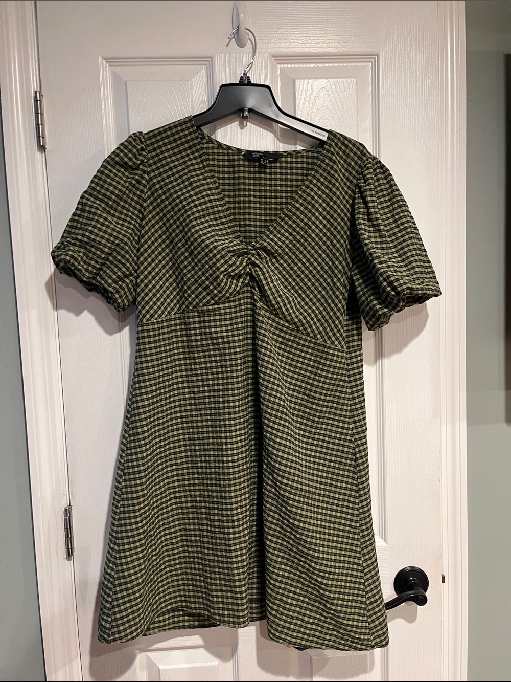 Gingham Olive Green Mini Dress with Puff Sleeves